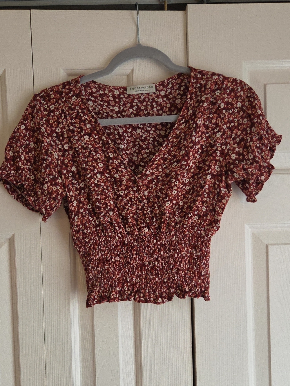 Paper Crane Juniors Maroon Floral Smocked Ruffled Crop Top